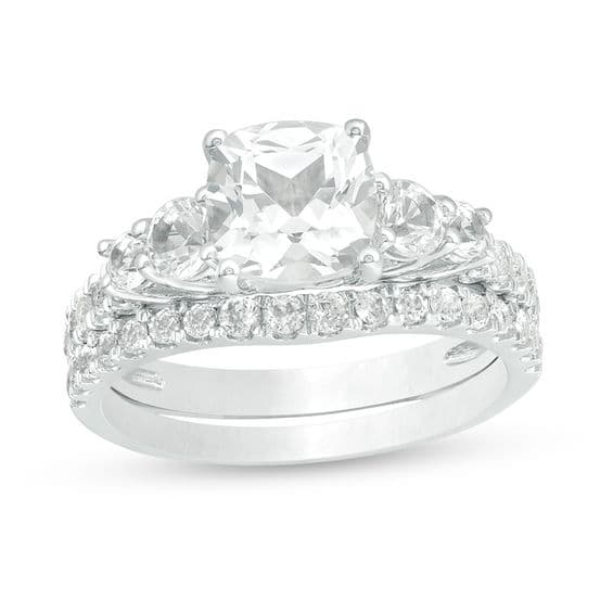7.0mm Cushion-Cut Lab-Created White Sapphire Bridal Set in Sterling Silver thumbnail 2