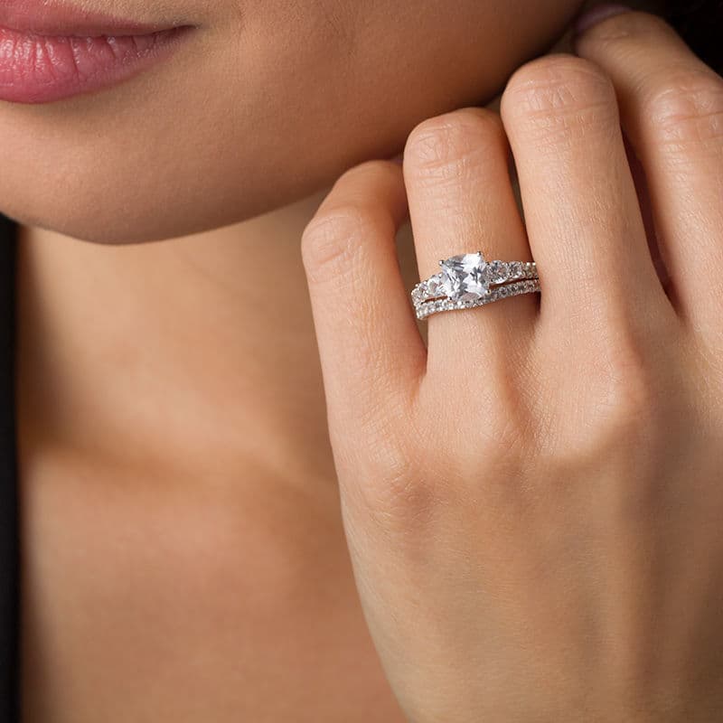 7.0mm Cushion-Cut Lab-Created White Sapphire Bridal Set in Sterling Silver thumbnail 6
