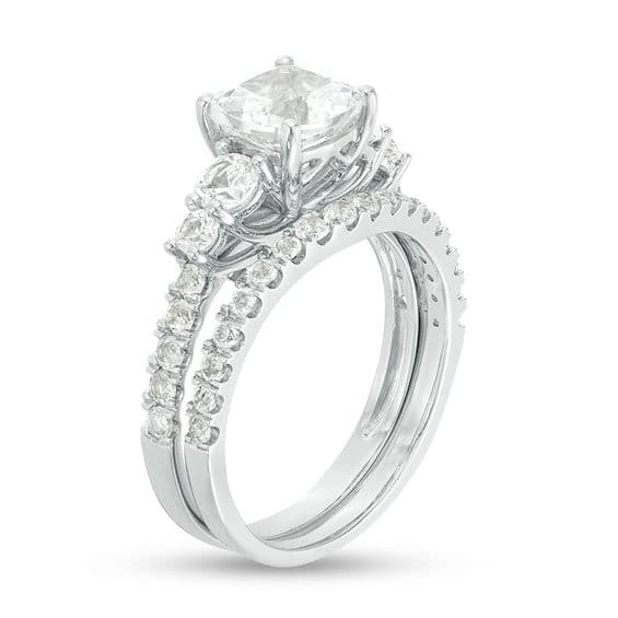 7.0mm Cushion-Cut Lab-Created White Sapphire Bridal Set in Sterling Silver thumbnail 12