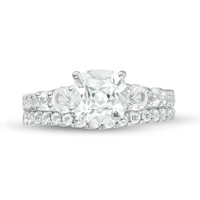 7.0mm Cushion-Cut Lab-Created White Sapphire Bridal Set in Sterling Silver thumbnail 19