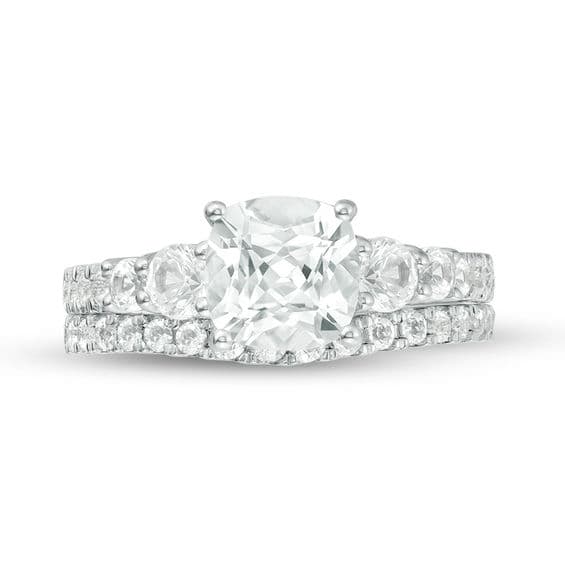 7.0mm Cushion-Cut Lab-Created White Sapphire Bridal Set in Sterling Silver thumbnail 17