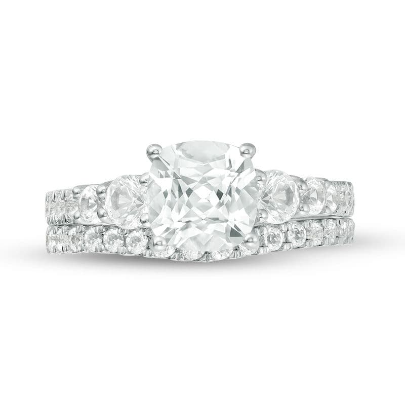 7.0mm Cushion-Cut Lab-Created White Sapphire Bridal Set in Sterling Silver thumbnail 16
