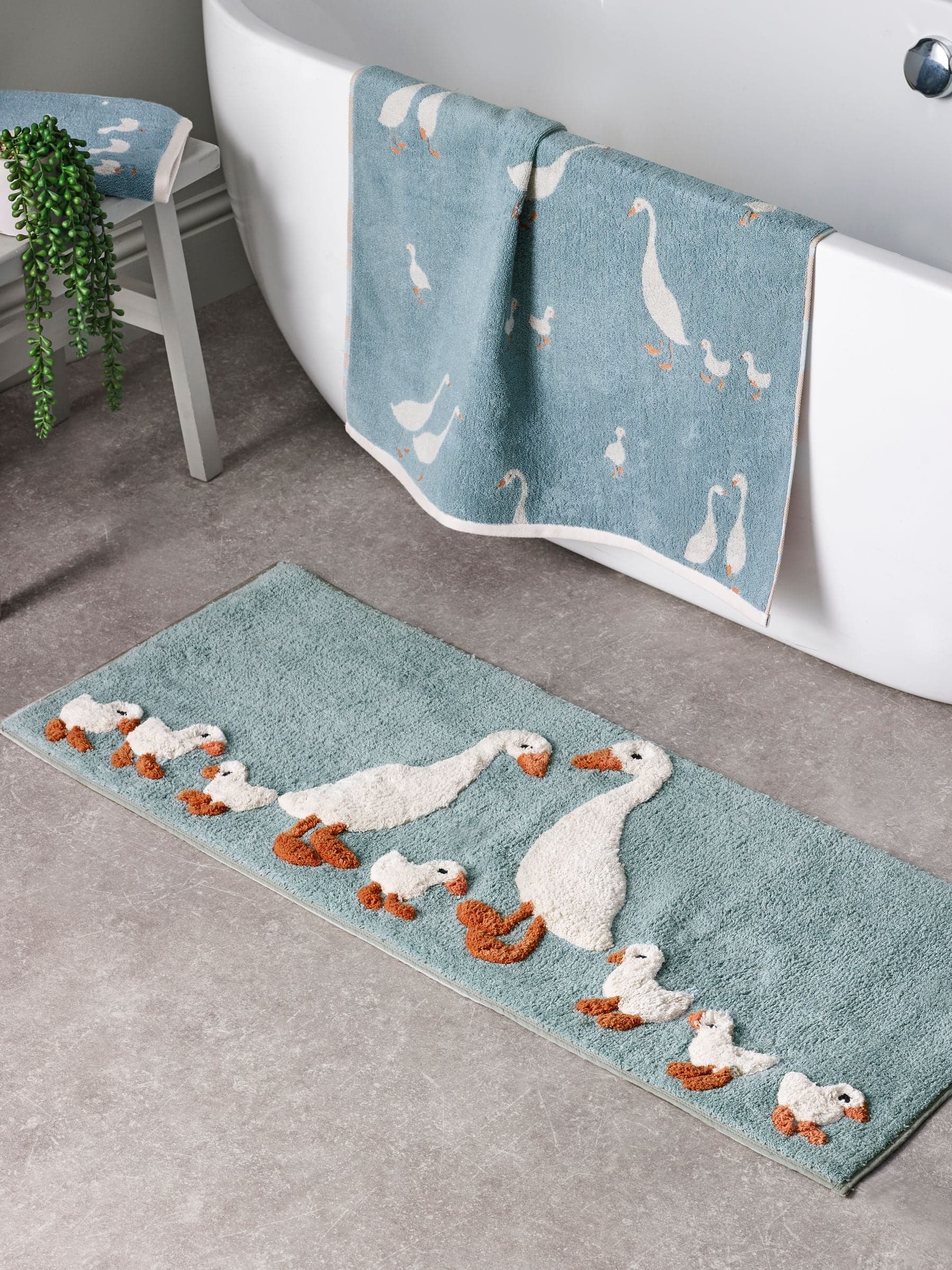Teal Blue Goose And Friends 100% Cotton Runner Bath Mat - Image 1