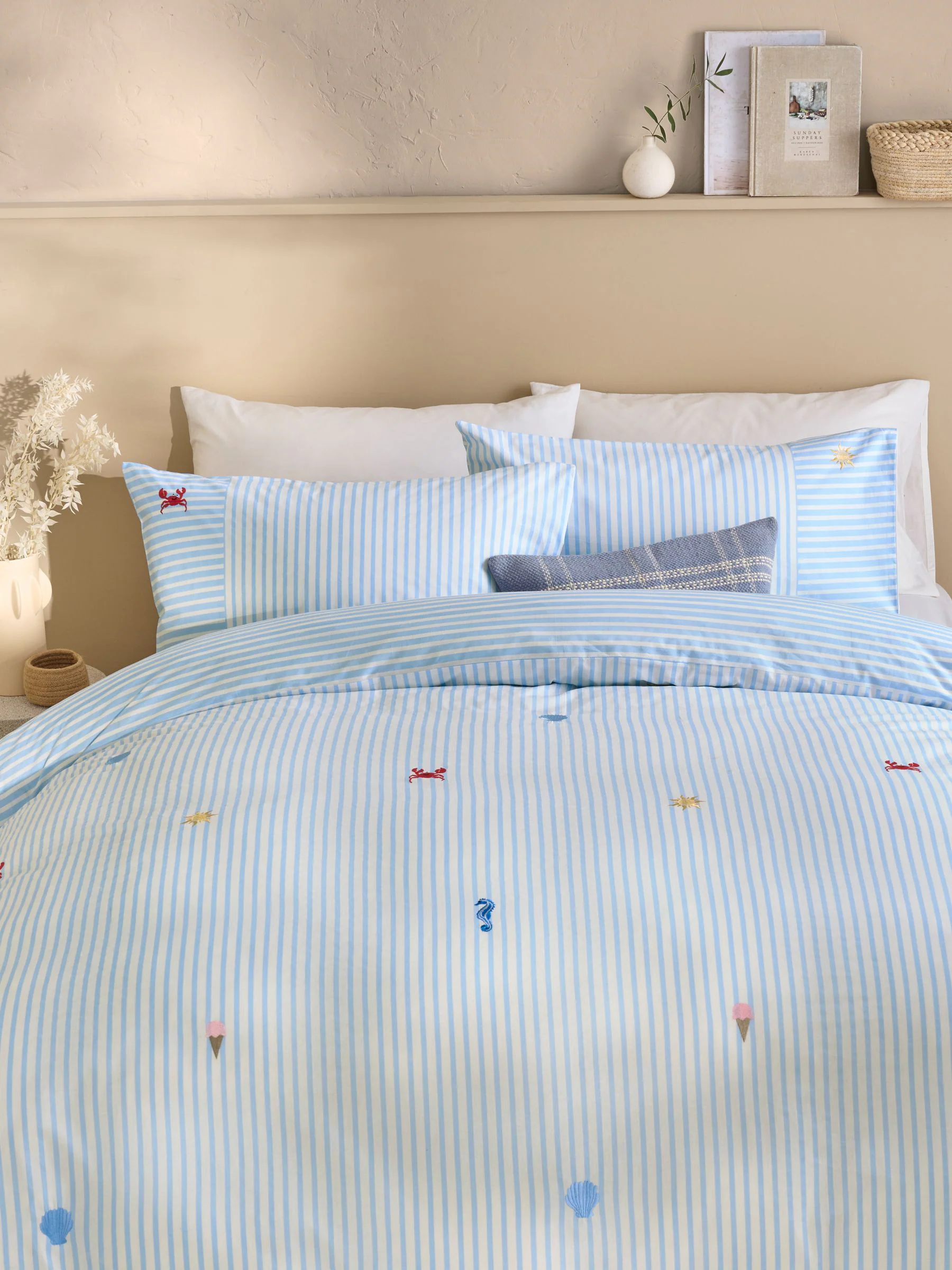 Blue 100% Cotton Stripe Summer Icons Reversible Duvet Cover and Pillowcase Set - Image 1