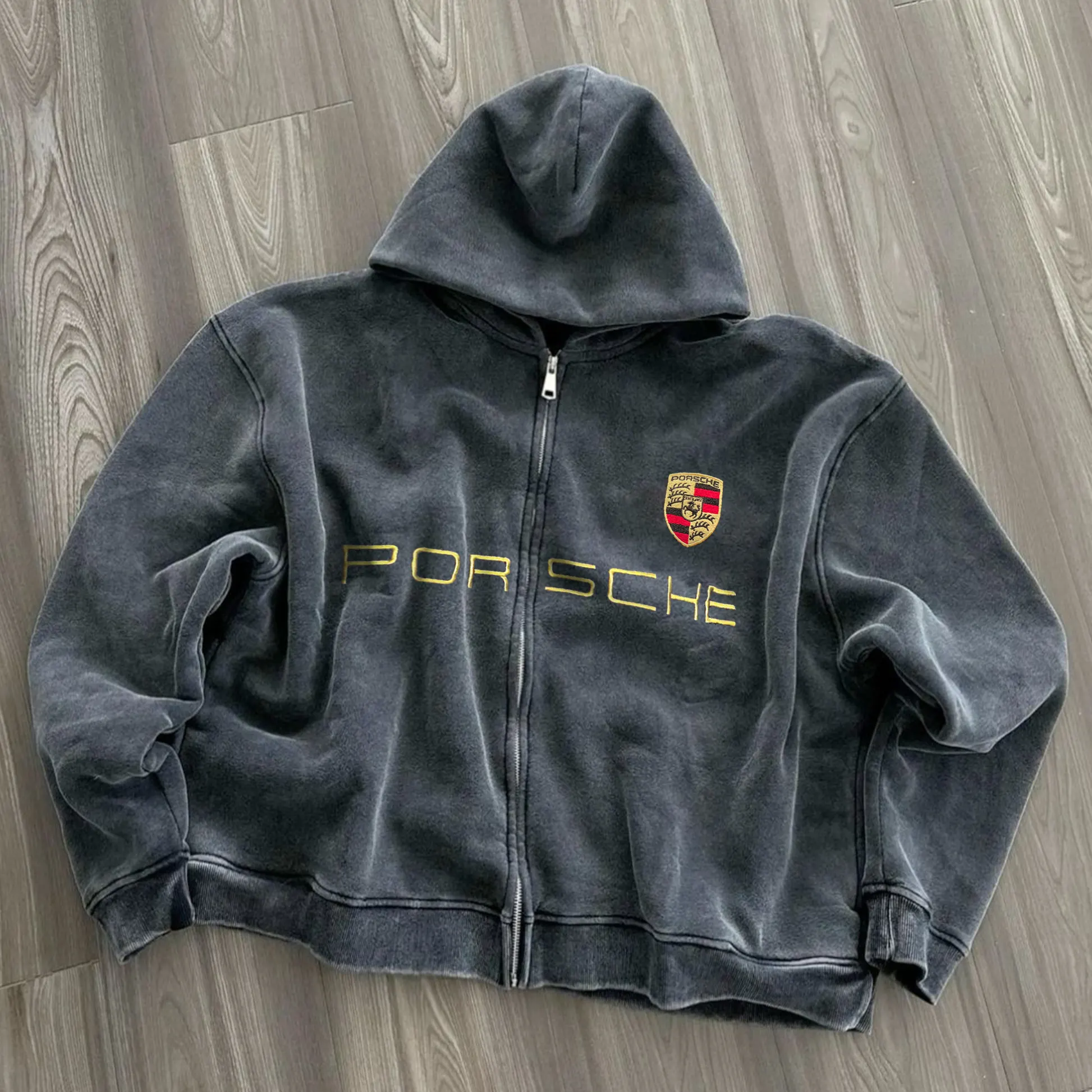 Unisex Vintage Embroidery Racing Oversized Hooded Jacket - Image 1