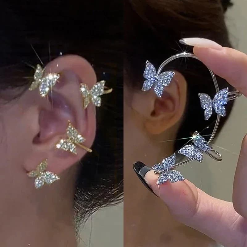 Silver Plated Metal Butterfly Ear Clips Without Piercing For Women Sparkling Zircon Ear Cuff Clip Earrings Wedding Jewelry - AliExpress - Image 1
