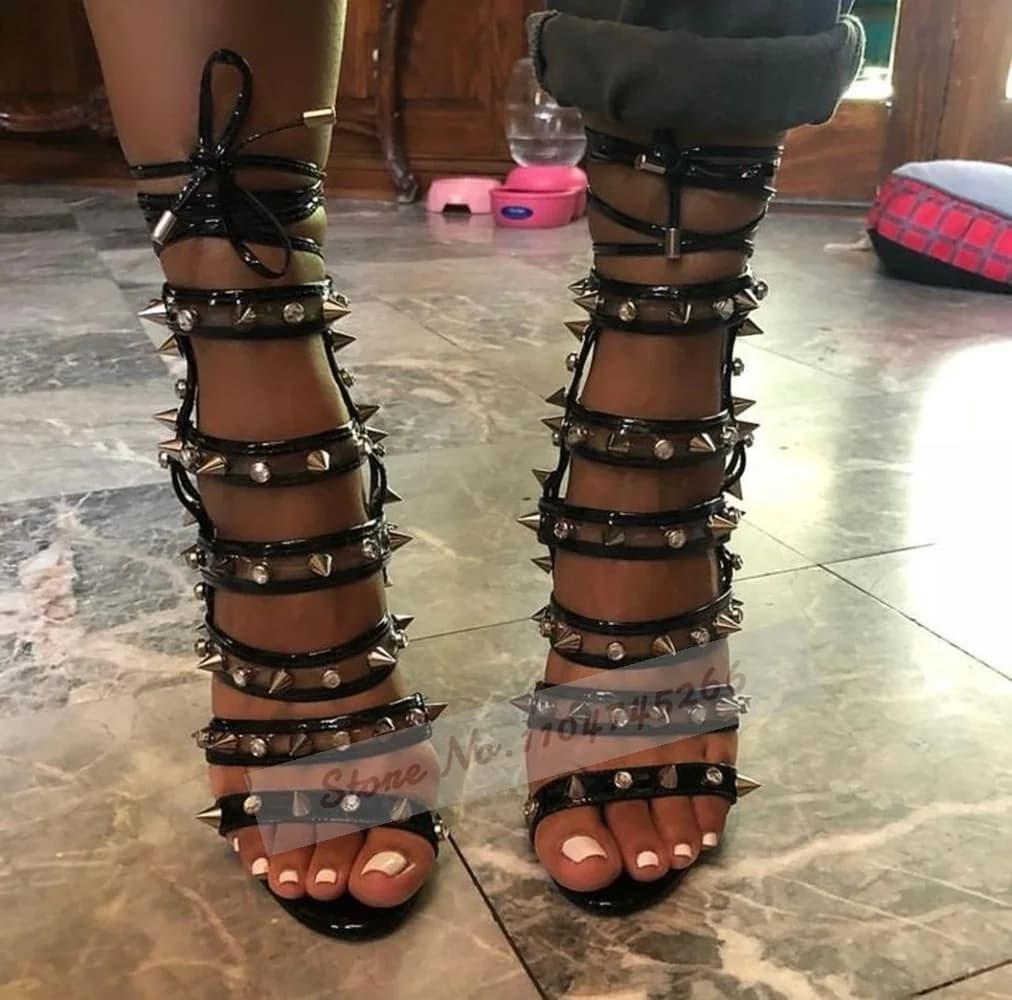 Black Leather Clear Pvc Straps Rivets Sandals Glitter Crystal Decorated Patchwork Lace-Up Dress Shoes Women Strappy Caged Pumps - AliExpress 322 - Image 1