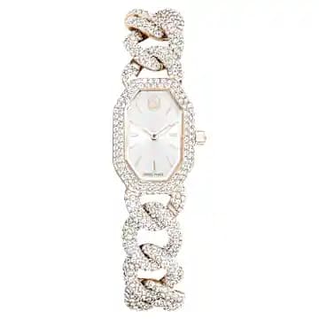 Dextera chain watch, Swiss Made, Crystal bracelet, White, Champagne gold-tone finish - Image 1