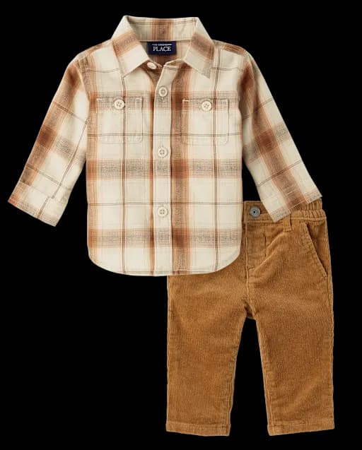 Baby Boys Dad And Me Plaid Flannel 2-Piece Outfit Set - Brown - Image 1