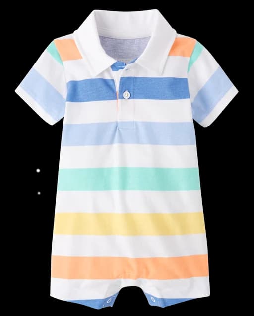 Baby Boys Striped Polo Romper - Coral - Image 1