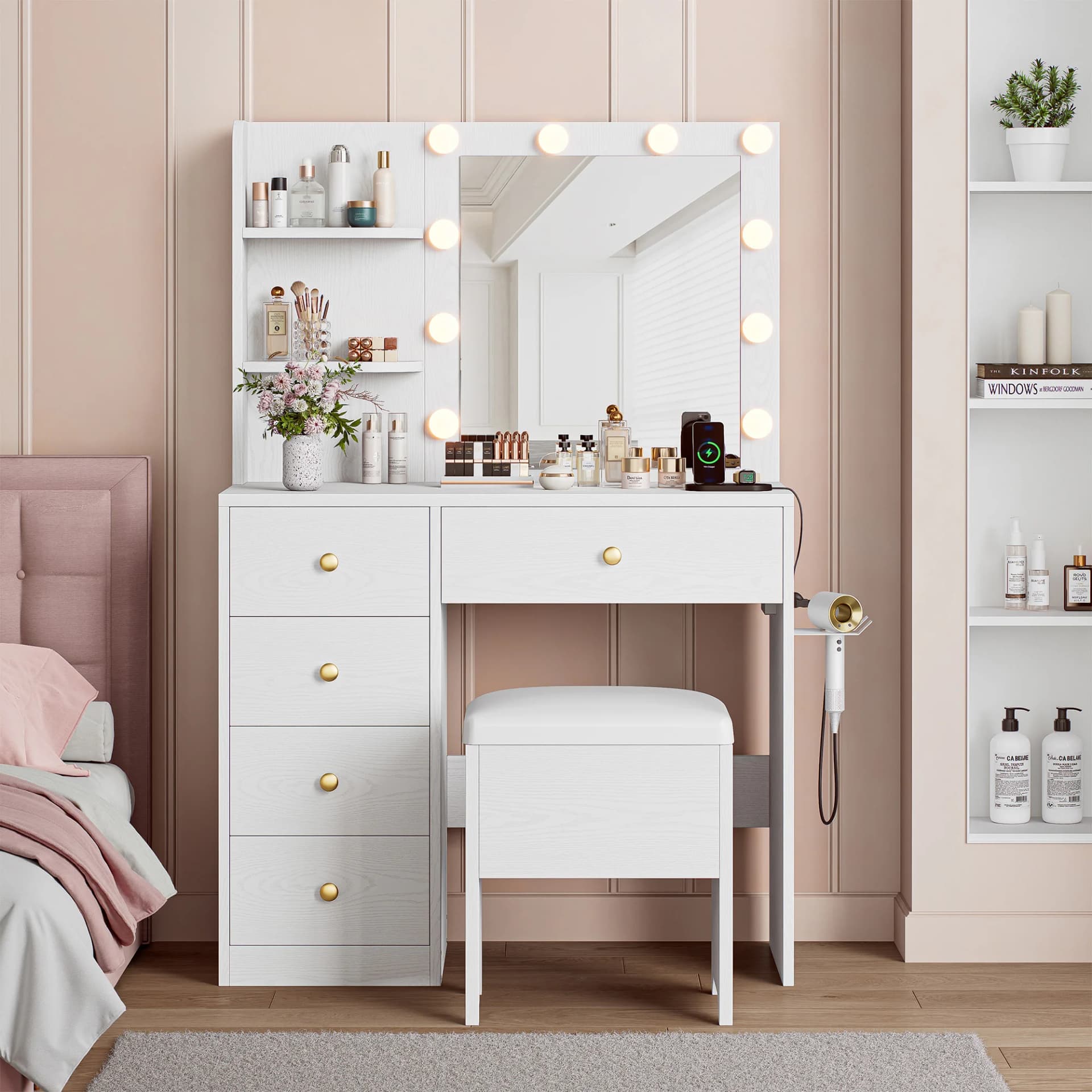 Makeup Vanity Set With Mirror And Lights, Adjustable Brightness, 5 Drawers, Power Outlet And Vanity Stool, White - Image 1