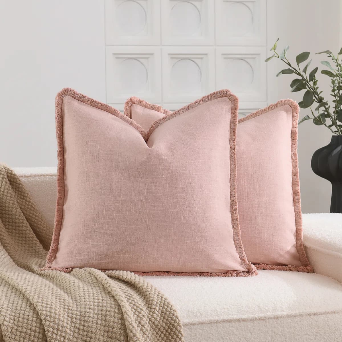 Cozy Soft Washed Linen Textured Boho Farmhouse Pillow Cover With Tassels Edge - Image 1