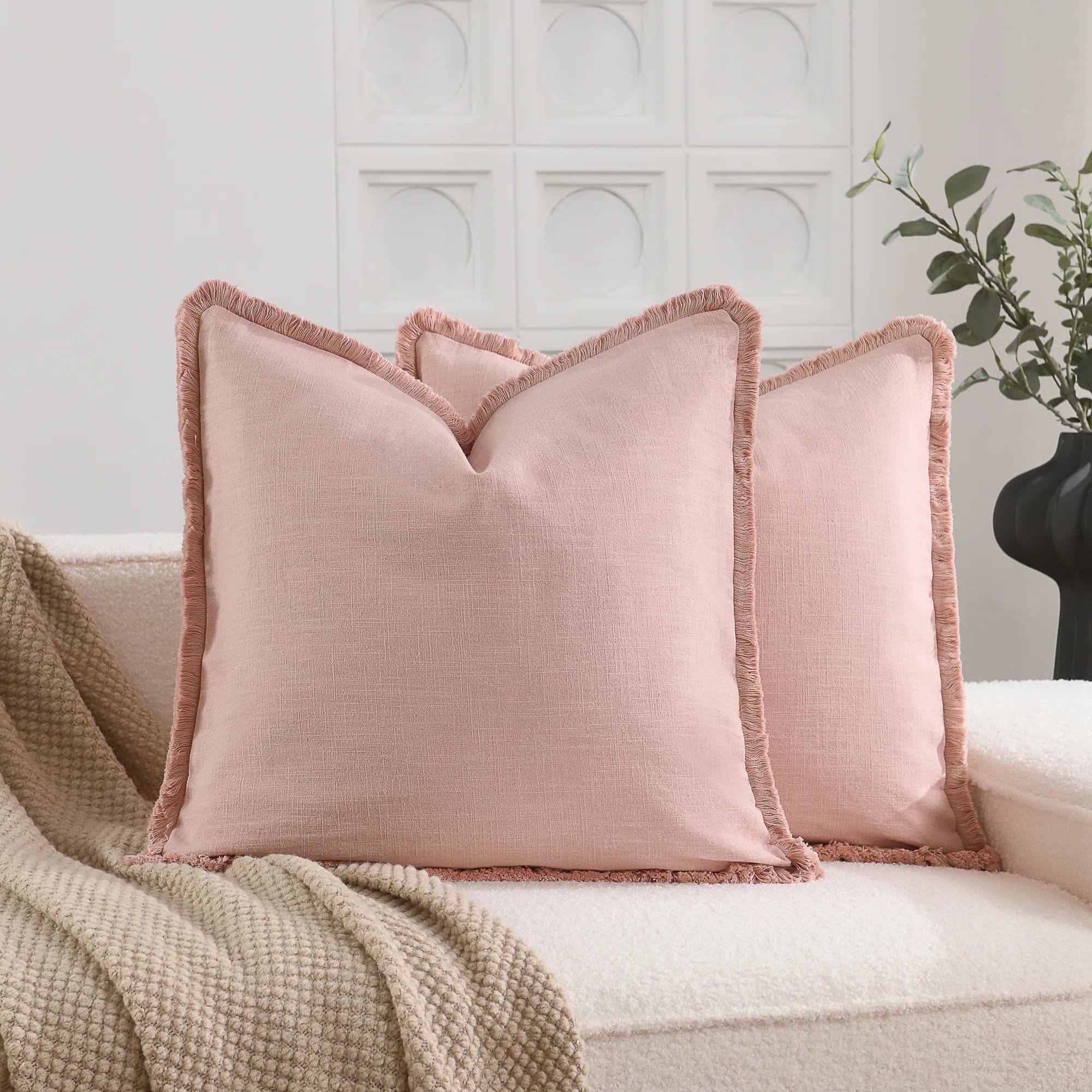 Cozy Soft Washed Linen Textured Boho Farmhouse Pillow Cover With Tassels Edge - Image 1