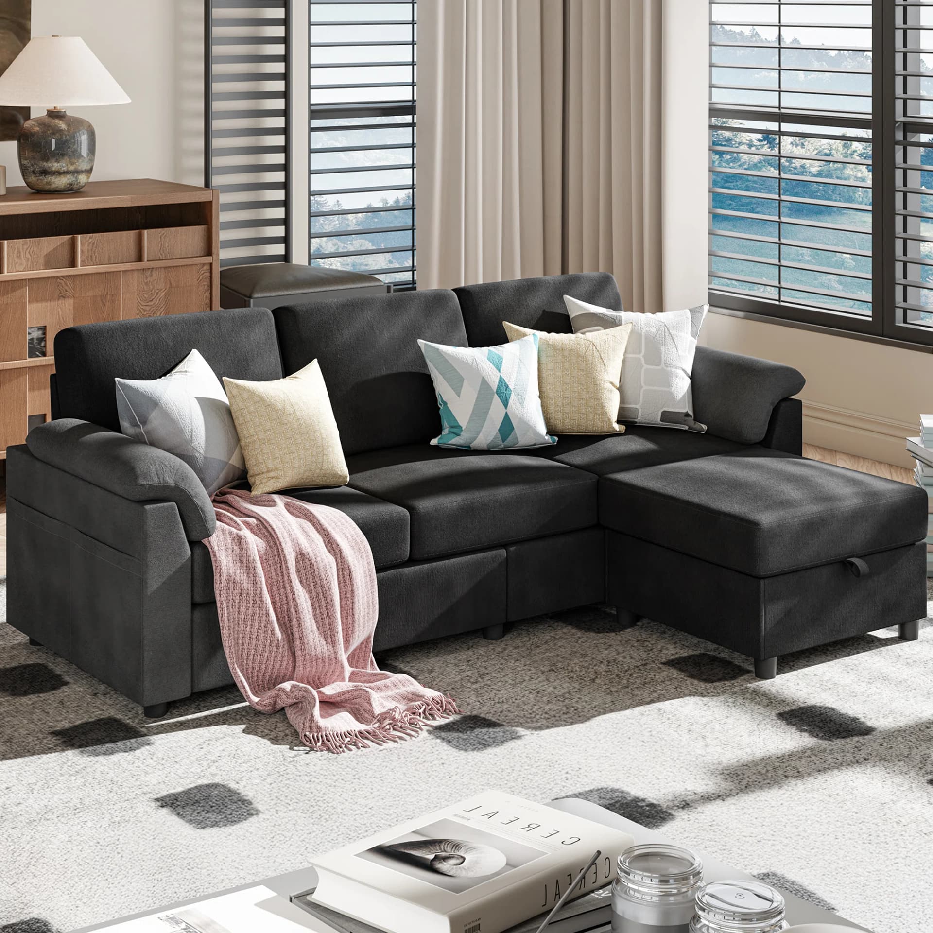 Modern L-Shaped Sofa with Ottoman – Soft Linen Fabric, Compact Design for Living Room, Apartment, or Office, 79 - Image 1