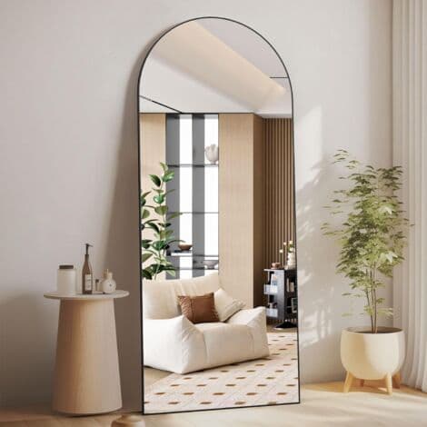 CASSILANDO Arc Miroir pleine longueur, miroir de sol, miroir de sol autoportant sur toute la longueur avec support pour chambre à coucher, miroir suspendu pour salon, vestiaire, noir - Image 1