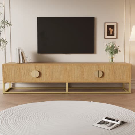 Meuble TV Naturel avec veinure de bois,Buffet bas meuble de salle à manger moderne,4 Portes,Poignées semi-circulaires,180 x 40 x 40cm - Image 1