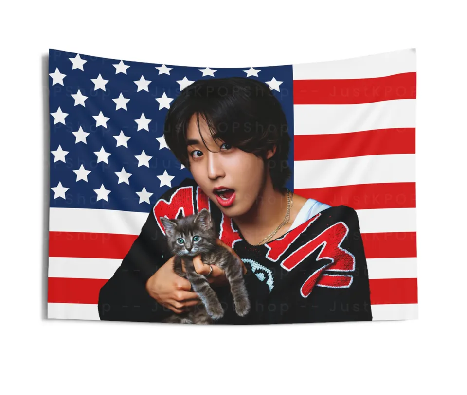 SKZ Han with a Kitten American Tapestry, Stray Kids Han Jisung American Tapestry 26" x 36" sold by Afghanistan | SKU 894323564 | Printerval - Image 1