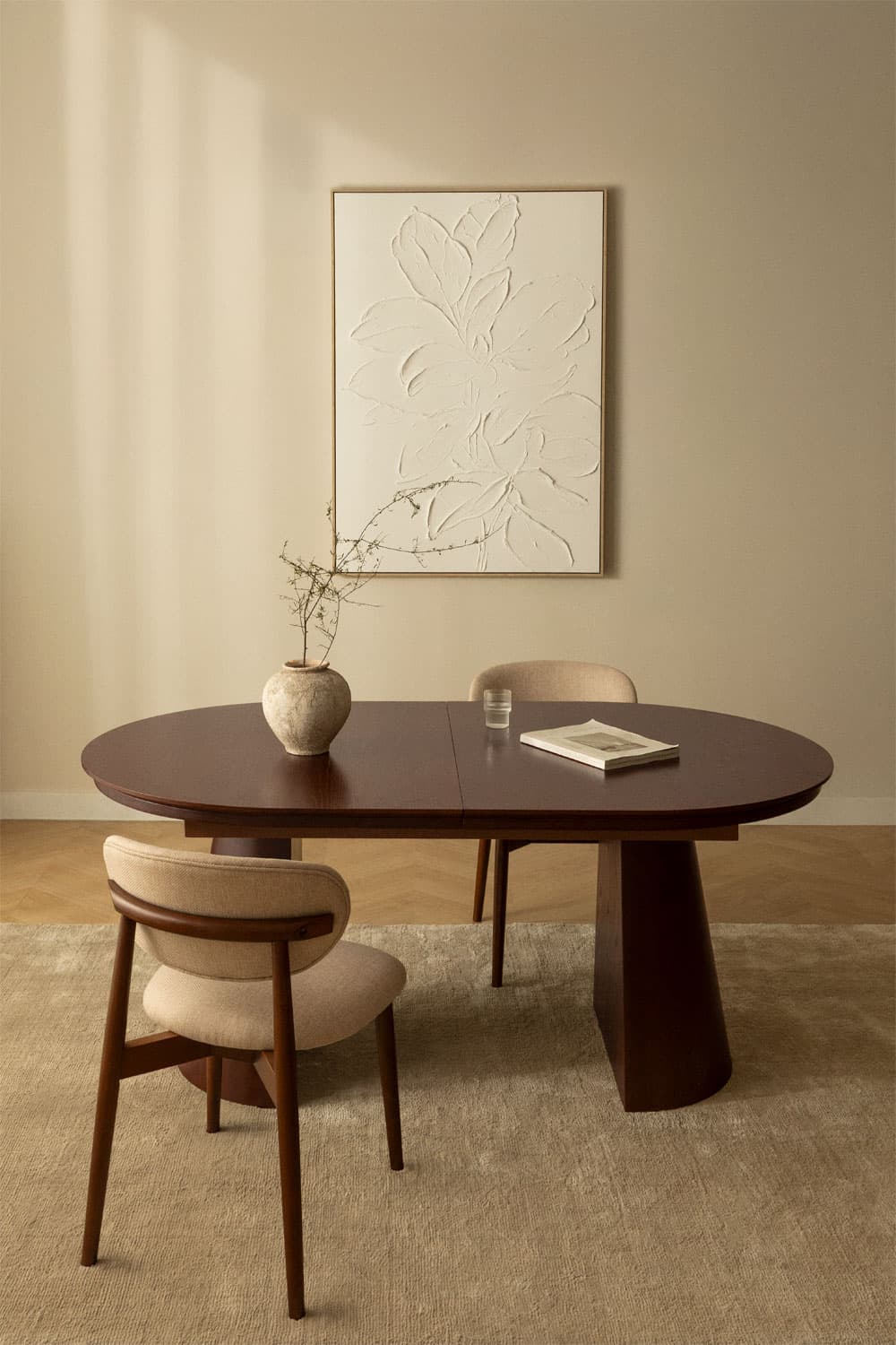 Table à manger ovale extensible 180-240x105 cm en MDF et placage chêne Montana - Image 1