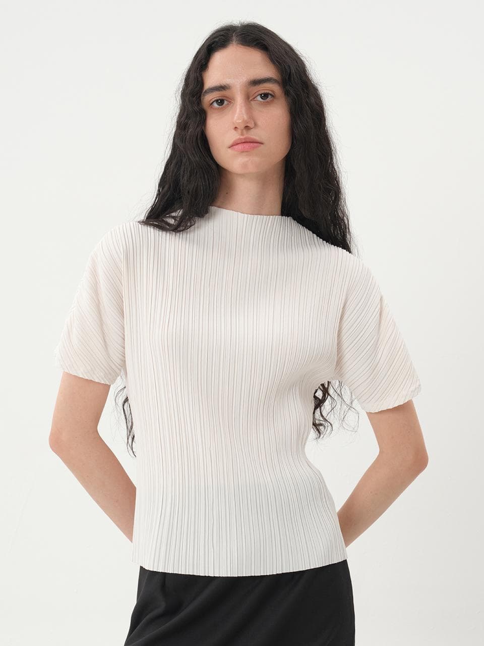 Pleated Mock Neck Pearl T-Shirt - Image 1