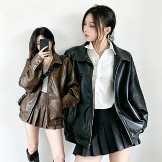Plain Faux Leather Zip Jacket / High Rise Pleated Mini A-Line Skirt - Image 1