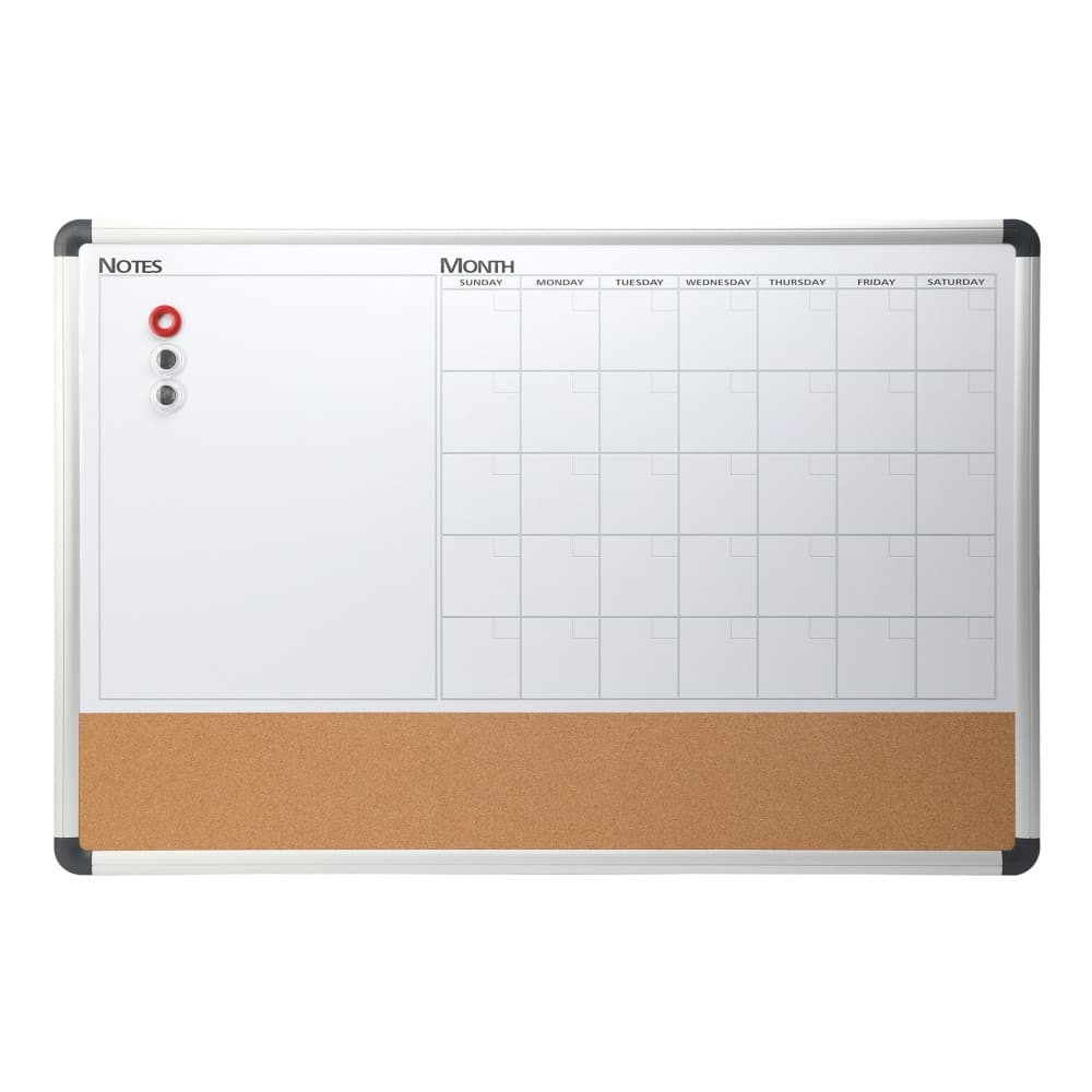 Magnetic Dry-Erase Whiteboard/Cork Calendar Board, 24" x 36", Silver Aluminum Frame - Image 1