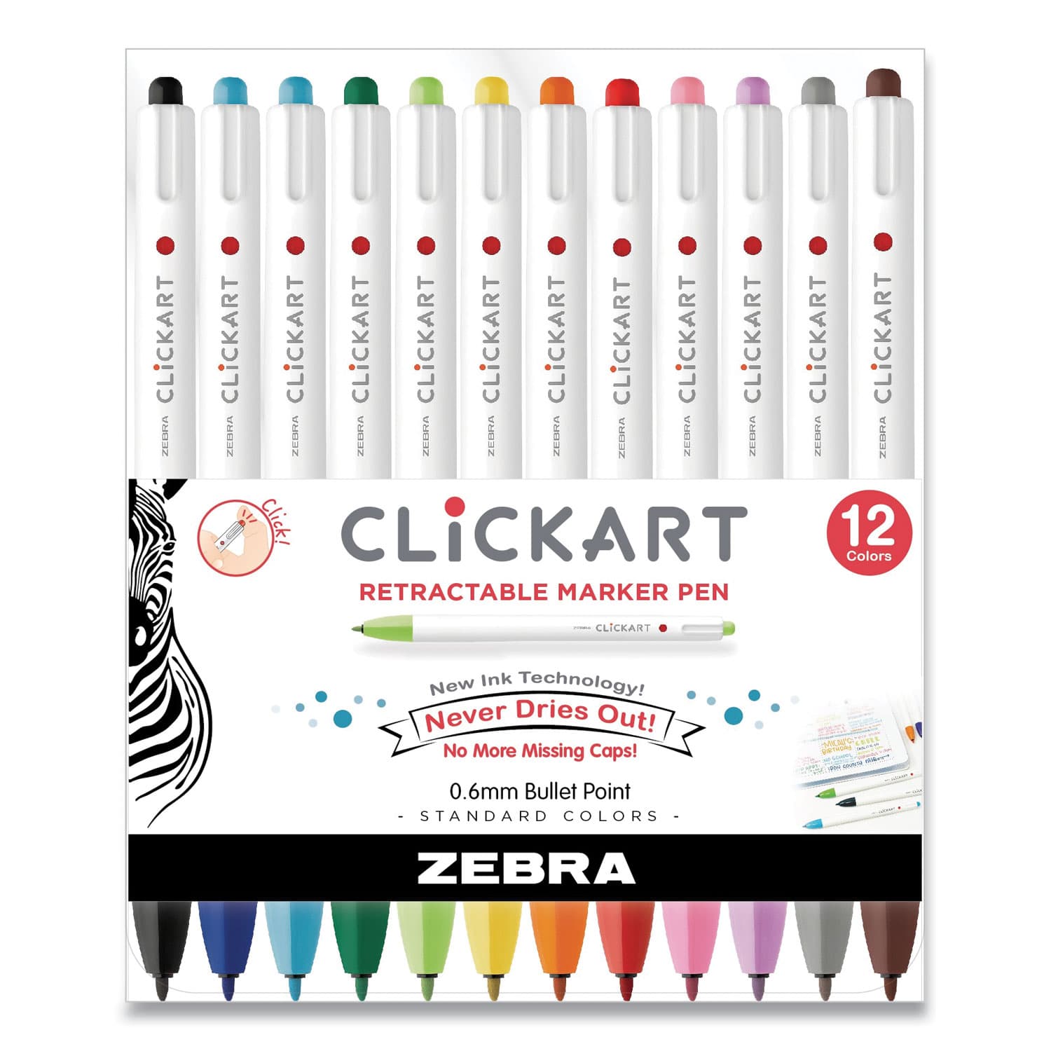Zebra ClickArt Porous Point Pen, Retractable, Fine 0.6 mm, Assorted Ink Colors, White Barrel, 12/Pack - Image 1