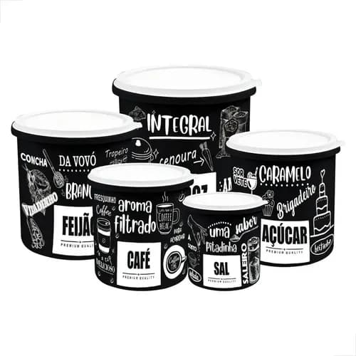 Kit 5 Potes De Mantimentos Plástico Decorado Preto Frases - Image 1