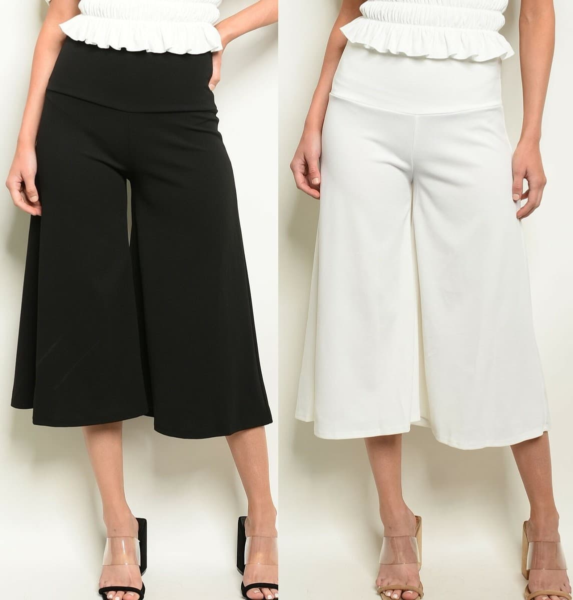 Foldover Waist Wide Leg Cropped Capri Gaucho Knit Pants S M L - Image 1