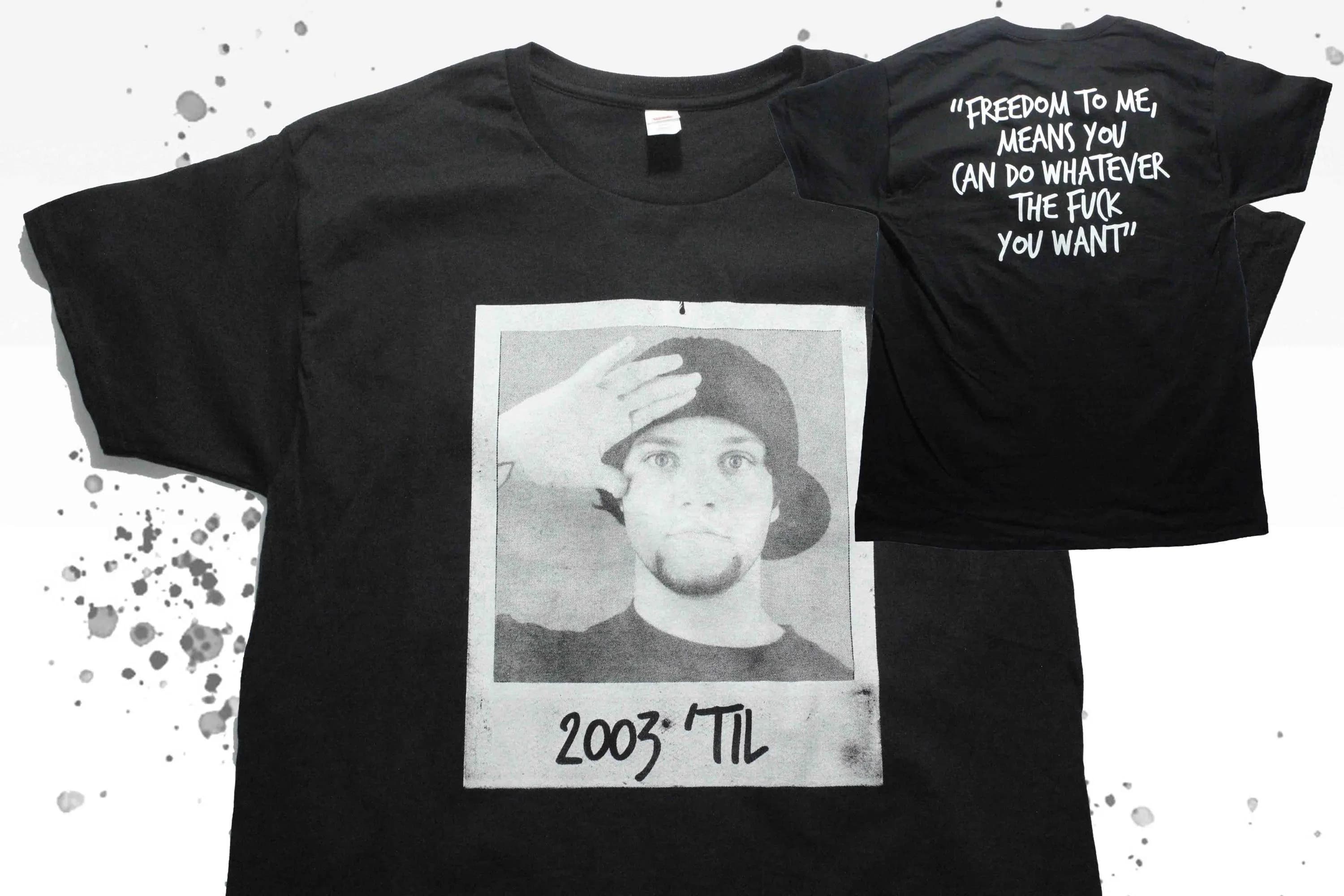 BAM MARGERA Polaroid Photo 2003 'Til Freedom Quote Jackass CKY 411VM Viva La Bam Skateboarding Punk Hand Screen Printed Shirt - Image 1