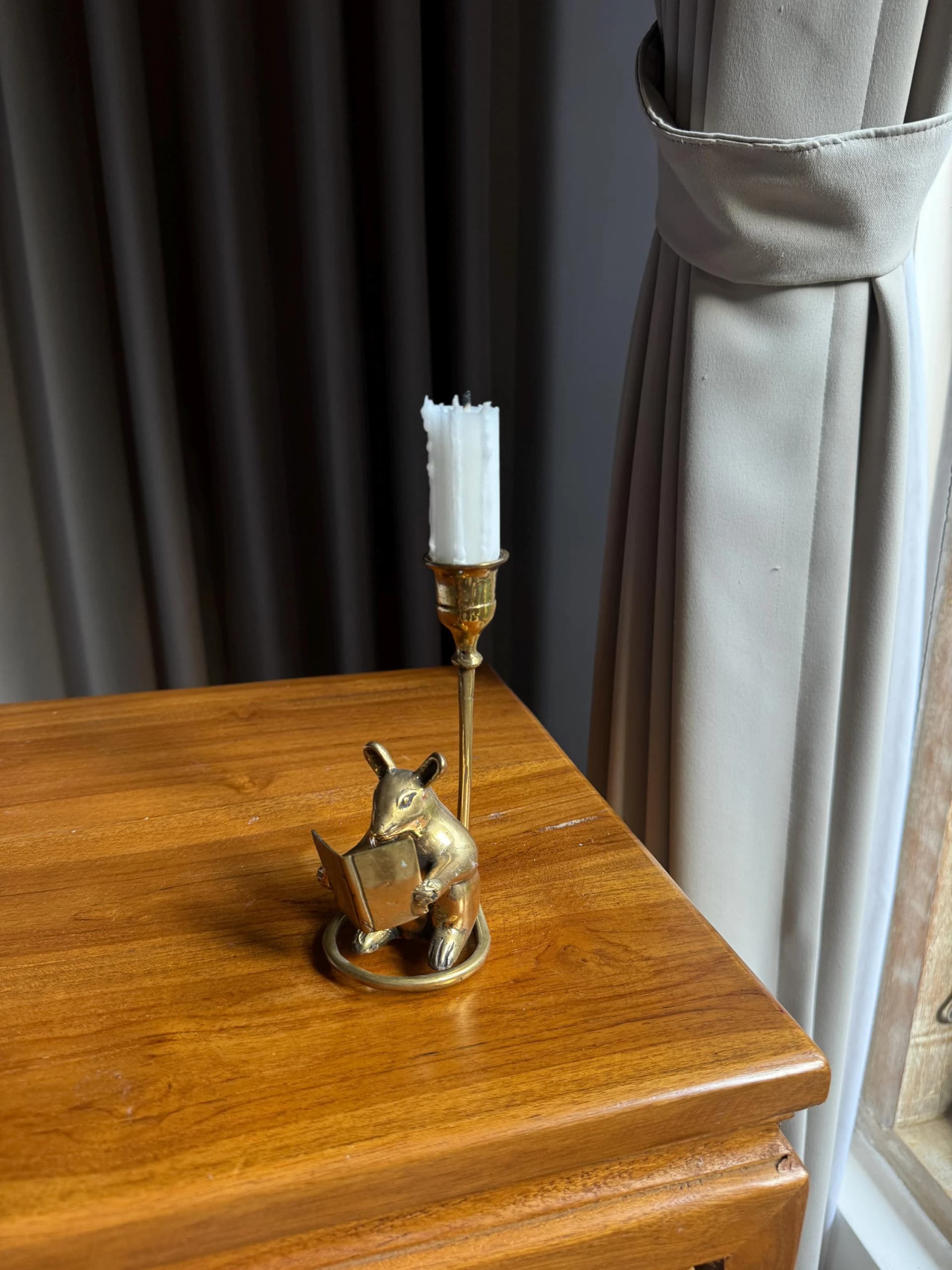 Brass Mouse candleholder Unique Handcrafted Taper Candle Stand with Reading Mouse Figurine, Whimsical Candleholder Vintage Home Decor - Image 1