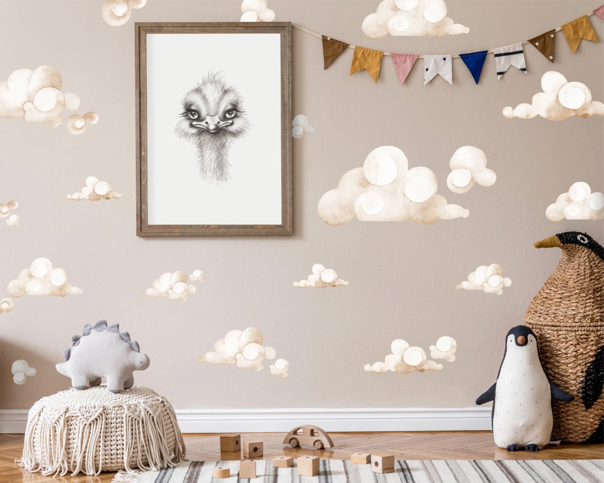 Watercolour Clouds | Reusable FABRIC Wall Decal Eco Friendly | Peel & Stick | Fluffy Cloudy Sky Hand Painted Dreamy Whimsical Nursery Decals - Image 1