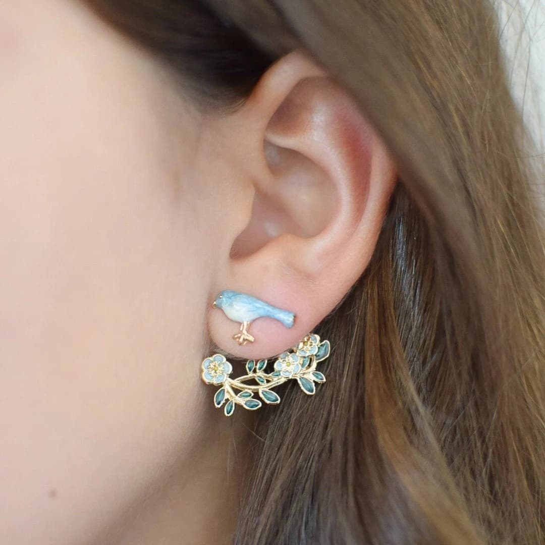 Cute Bird On Branch Front-Back Earrings Nature-Inspired Ear Jackets Hypoallergenic Surgical Steel Hand-Painted Unique Gift Blue/Pink Options - Image 1