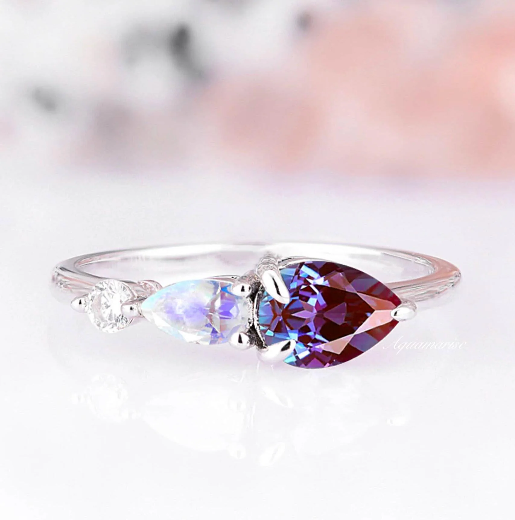 Alexandrite & Moonstone Ring- 925 Sterling Silver Gemstone Engagement Ring For Women Promise Ring June Birthstone Anniversary Gift For Her - Image 1