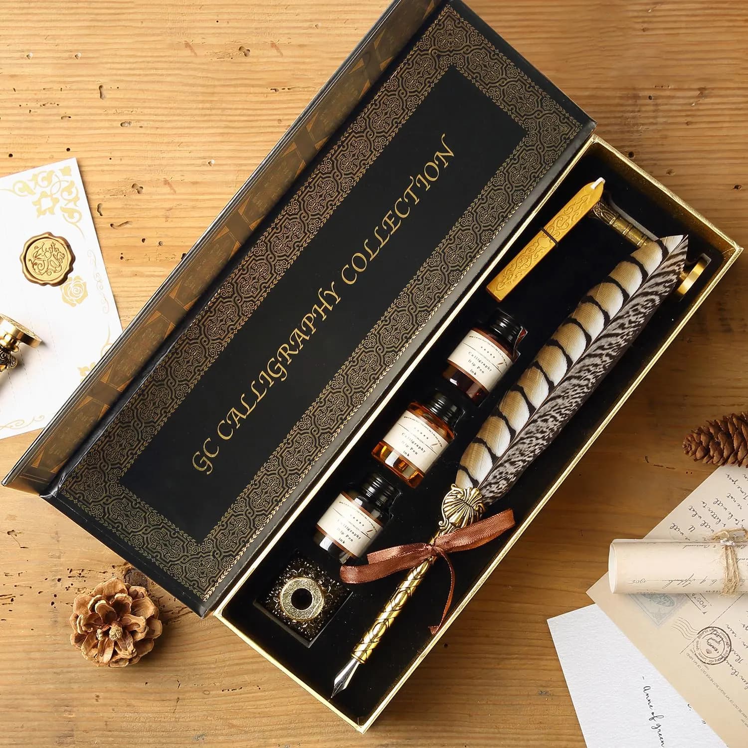 Feather Quill Pen and Ink Set - 6 Nibs, Pen Holder, 3 Inks, Wax Seal Stamp & Wax Stick - Antique Calligraphy Kit for Decor, Writing, Gifting - Image 1