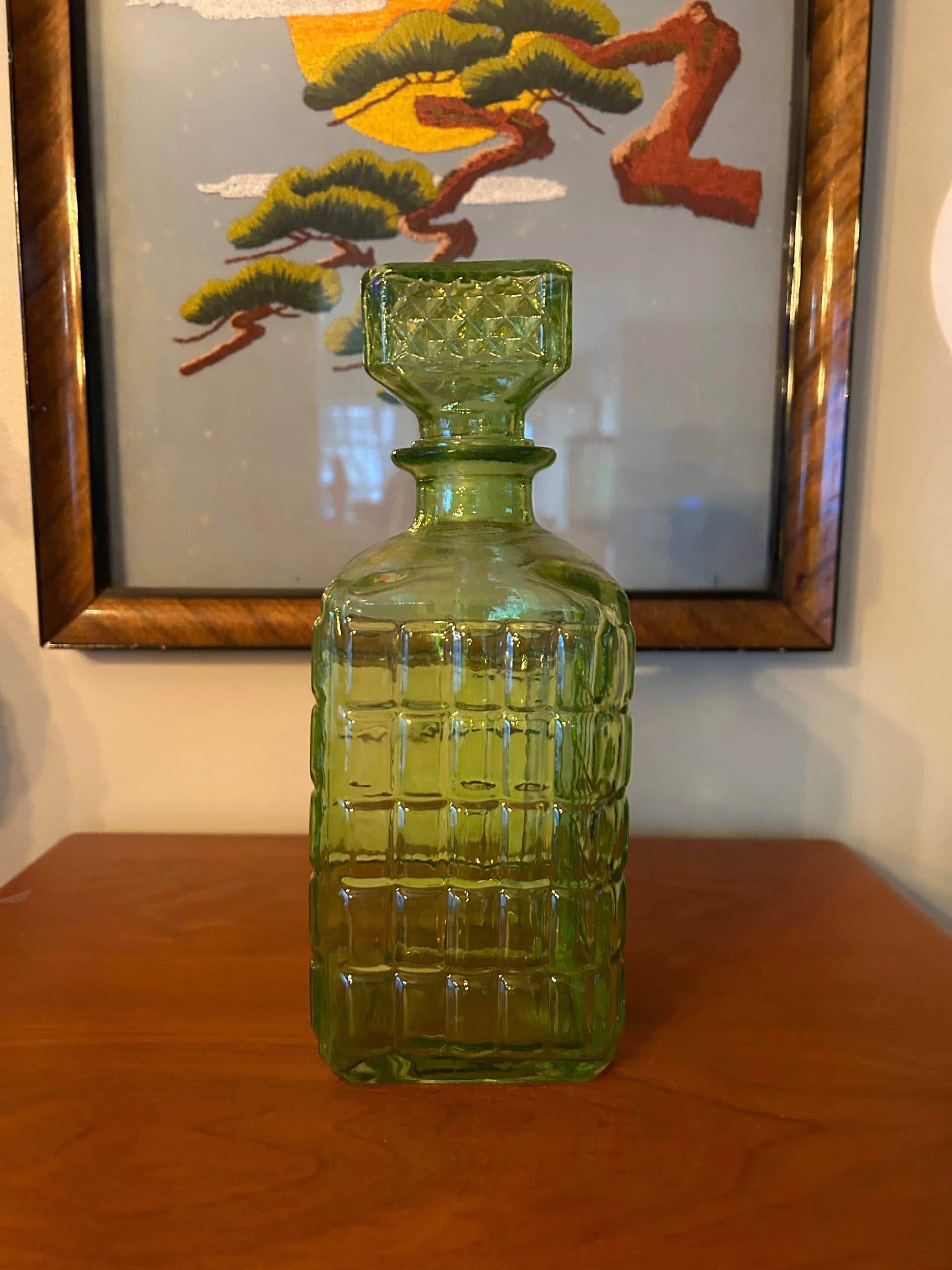 1970's Vintage Lime Green Retro Midcentury Glass Decanter, Vintage Barware, Vintage BOHO Barware - Image 1