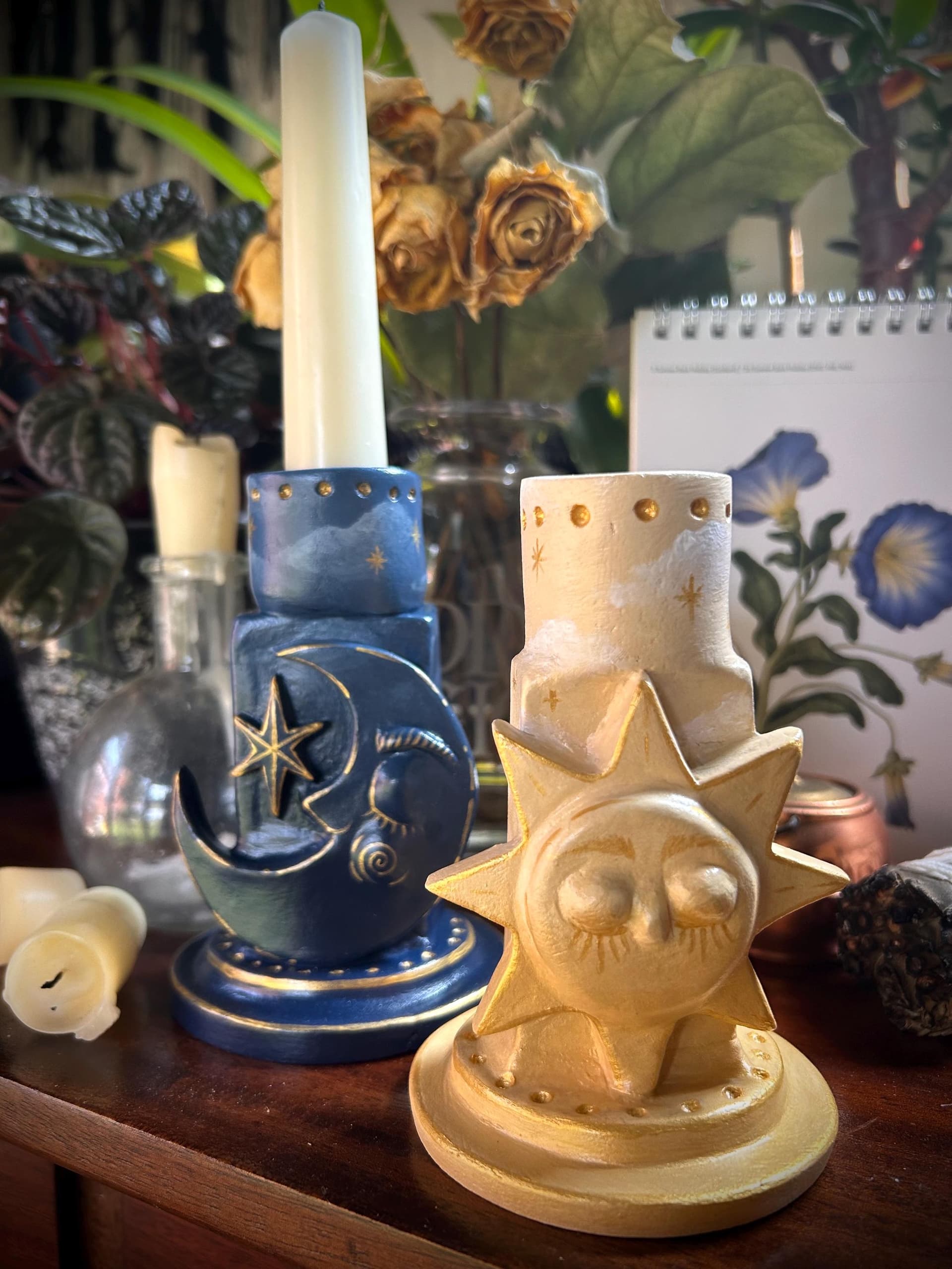 Celestial Sun and Moon Candle Holders Ceramic Whimsical Decor 90's Nostalgic - Image 1