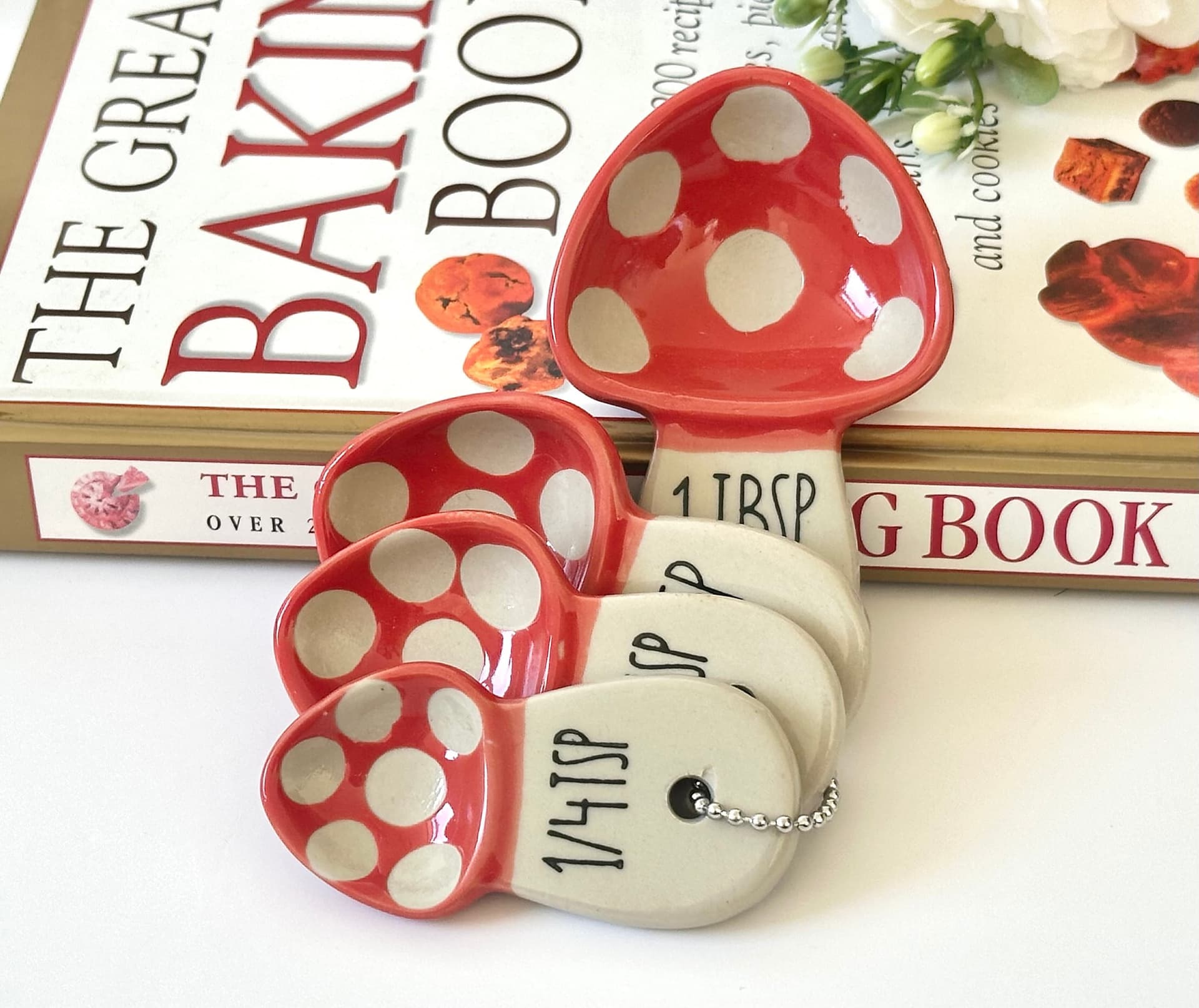 Mushroom Measuring Spoon Set, Measuring Spoons, Measuring Cups, Baking, Cute Ceramics,Mushroom kitchen Decor, Vintage, Housewarming Gift - Image 1