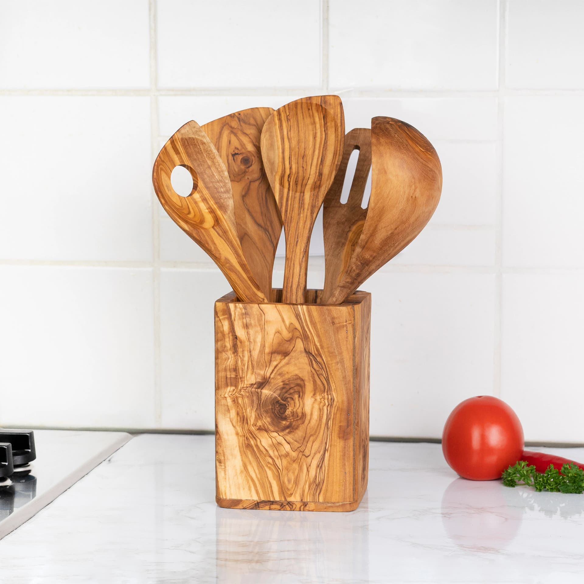 Set of 5 Utensils with Utensil Holder made of Olive Wood | Kitchen Utensils Olive Wood | Wooden Cooking Utensils Set - Image 1