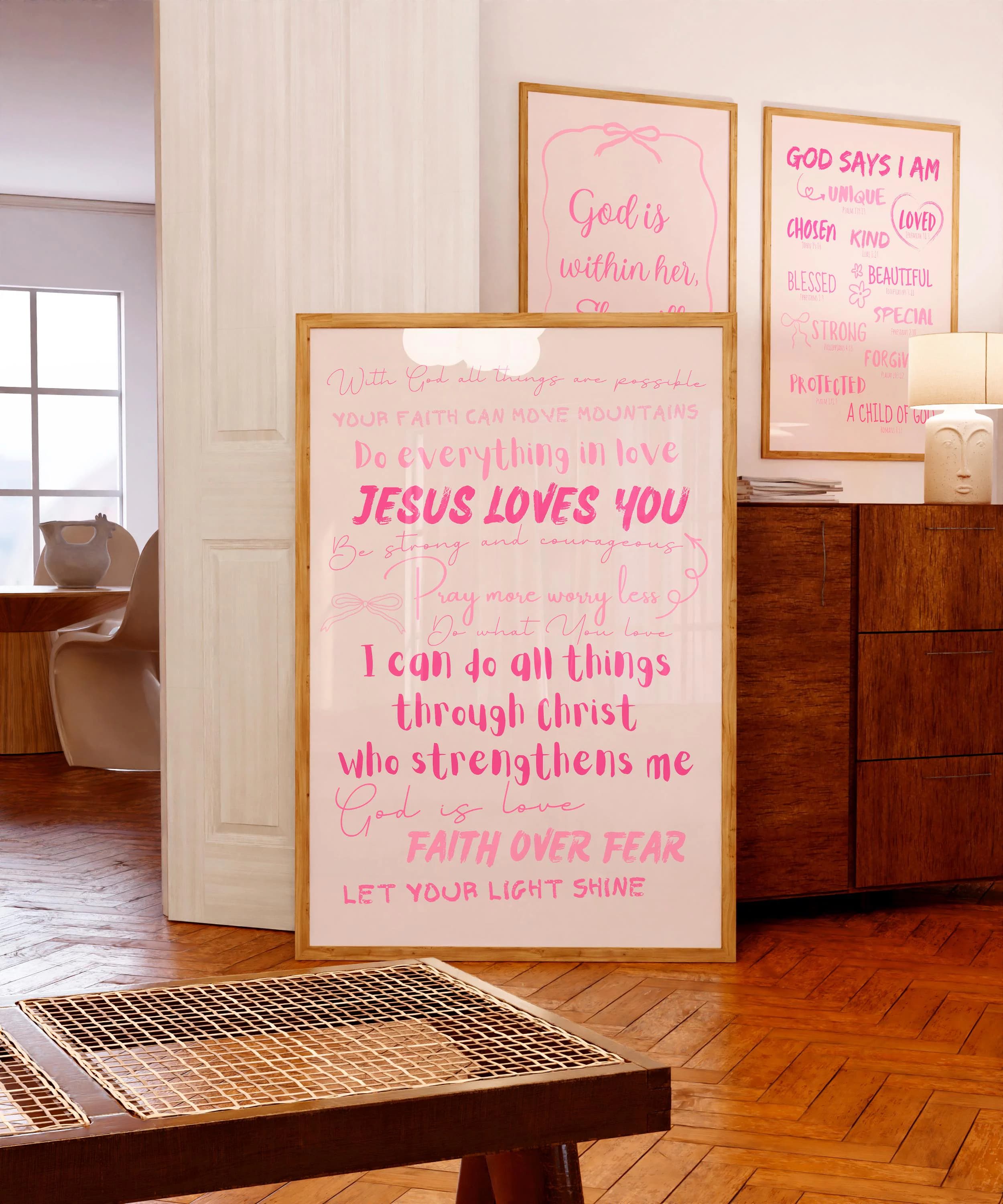 Girly Christian wall art Pink Scripture print Aesthetic room decor For teen girl Bible verse wall art Affirmations Jesus Loves You PRINTABLE - Image 1