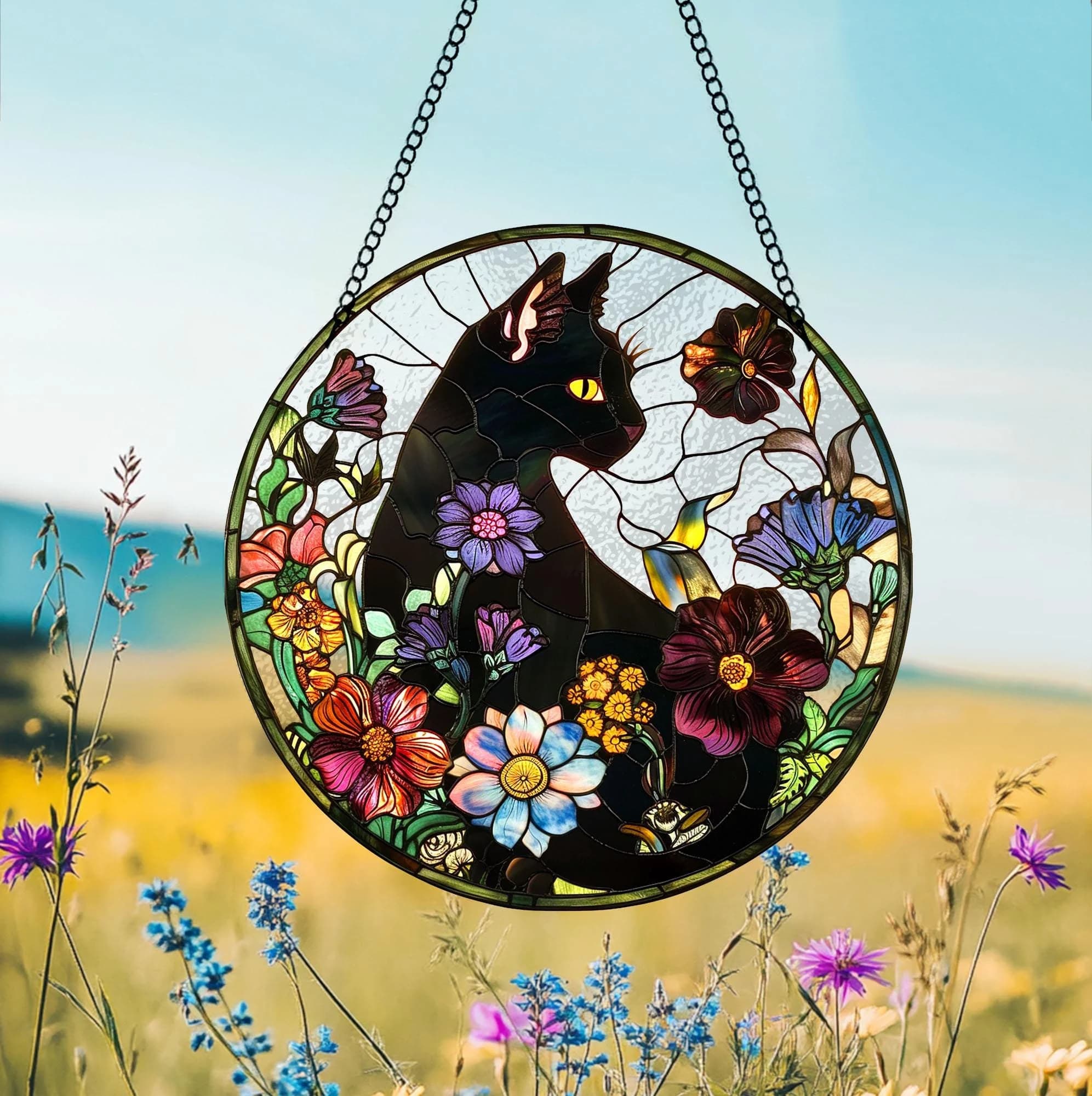 Cat Flower Glass Suncatcher, Black Cat Glass Art, Tabby Cat Window Hangings, Cat Lover Gift, Cat Wall Hanging, Gift for Cat Lovers - Image 1
