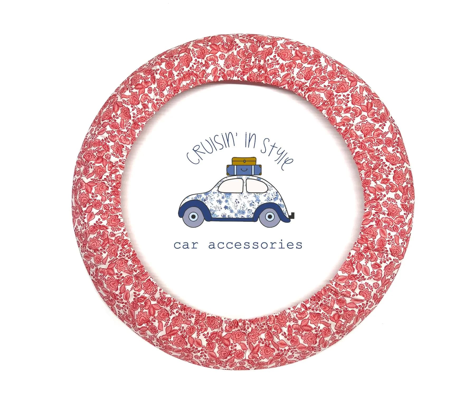 Red Vintage Floral Steering Wheel Cover with Gripper Fabric, Matching Keychain - Image 1