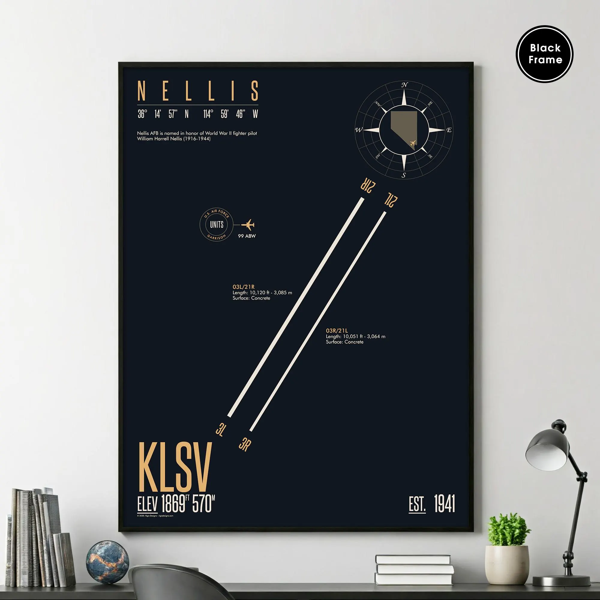 Nellis Air Force Base (KLSV), Military Airfield, Military Runway Print, Air Force Base Map, Air Force Base Runway, US Air Force Base - Image 1