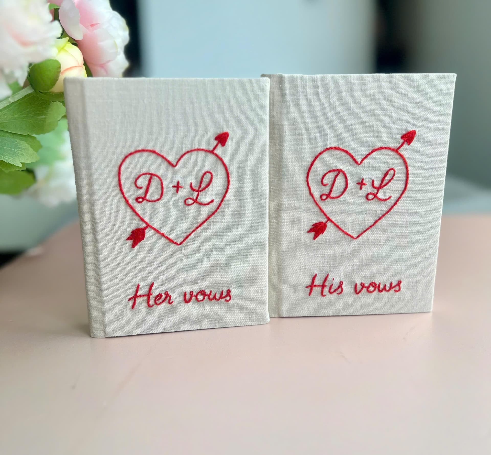 Personalized Hand Embroidered Vow Book A6 size, Wedding Doves and Lockets Hand Embroidered Notebook, Fabric Hard cover, Handmade Notebook - Image 1