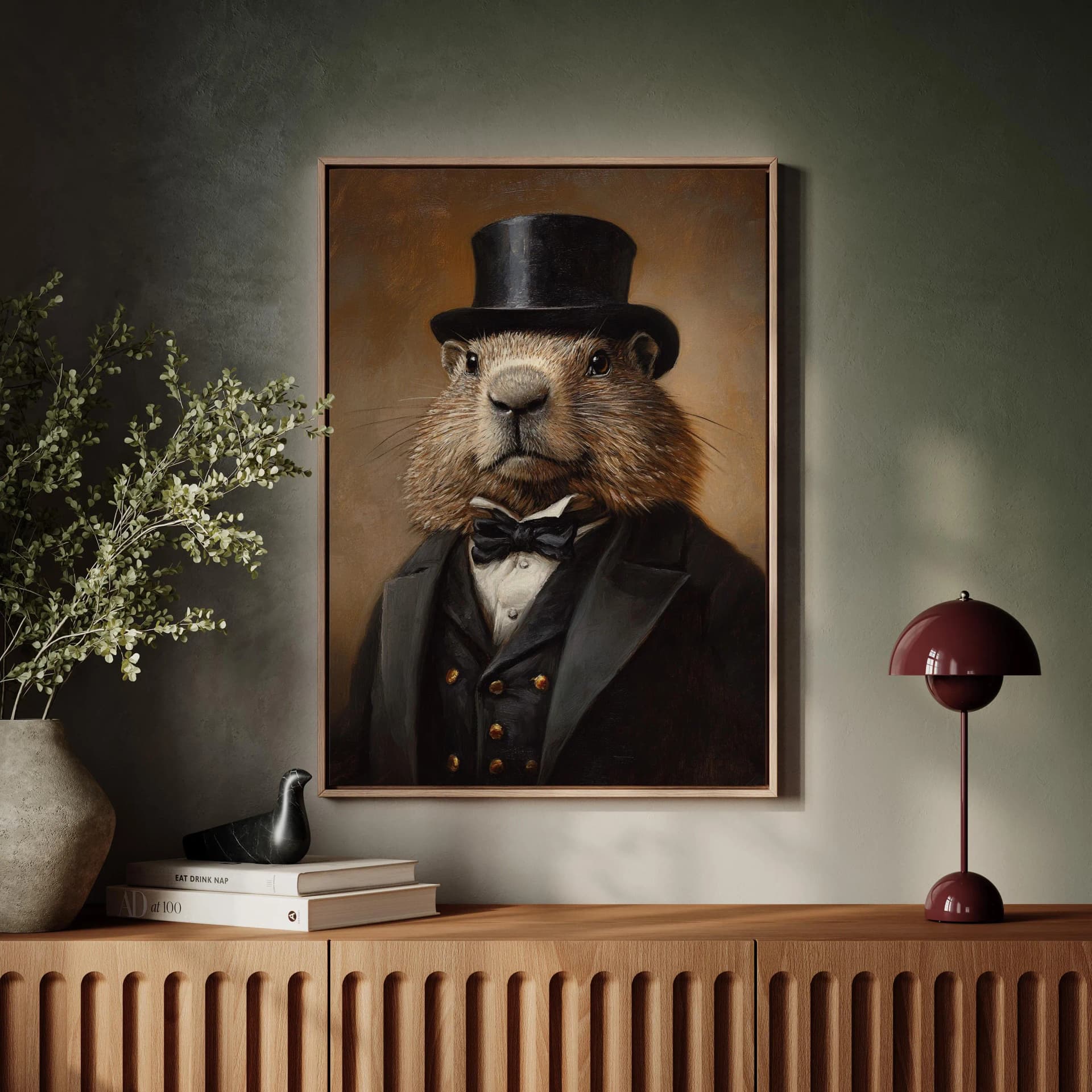 Victorian Groundhog Wall Art in Top Hat and Tuxedo, Dapper Woodland Animal Portrait Canvas, Whimsical Vintage-Style Decor - Image 1