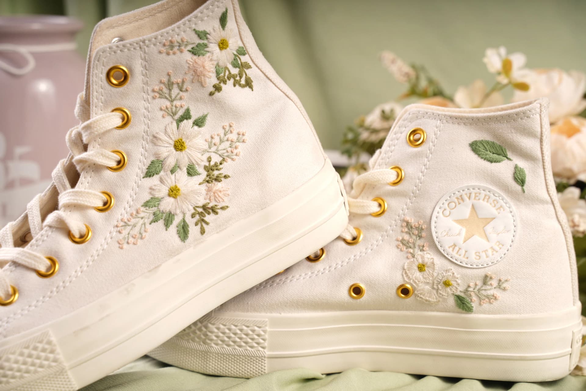 Bridal Converse/Strawberry Converse/Gifts For Girls/Personalized Gifts/Converse Flower/Gifts For Dad/Converse Embroidery/Converse High Top - Image 1