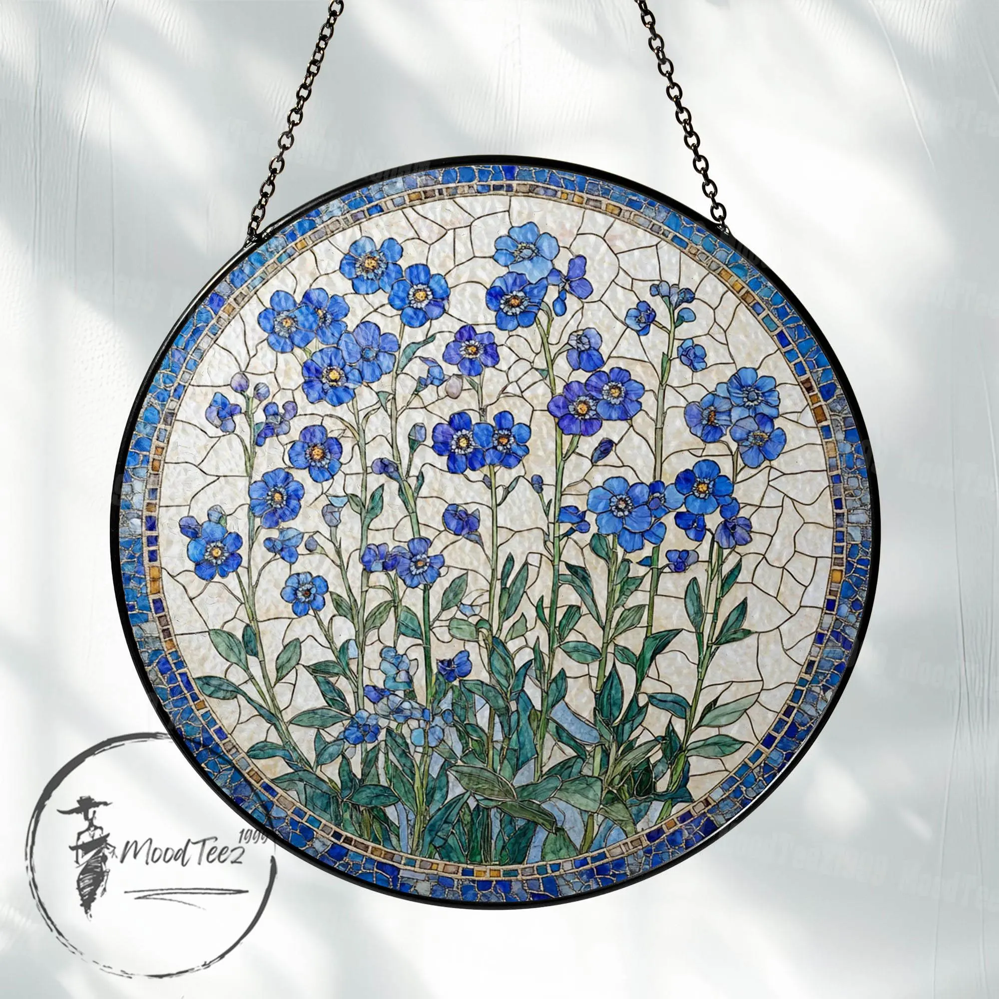 Forget-Me-Not Stained Glass Suncatcher, Window Hanging Decor, Handmade Floral Sun Catcher, Nature Inspired Art, Botanical Glass Ornament - Image 1
