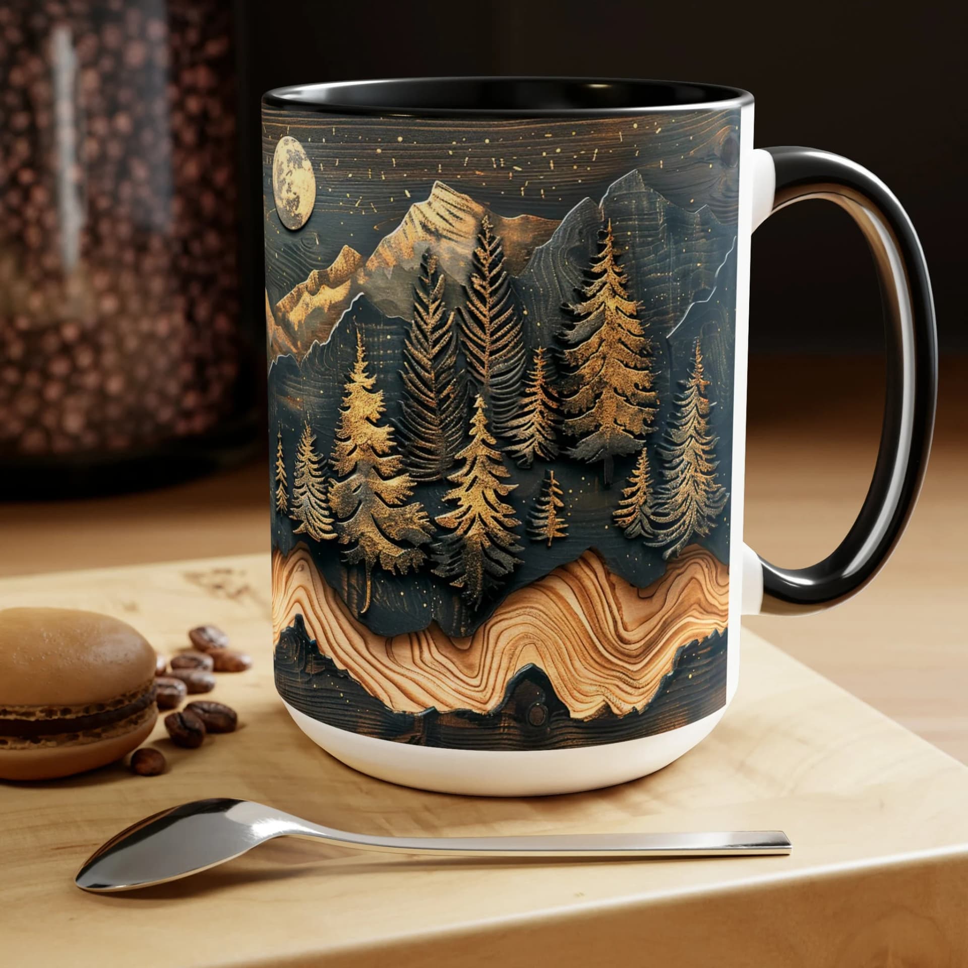 Mountain And Trees Mug PRINTED WOOD Coffee Mug Wood Panel Effect Tea Mug Carved Wood Trees Wooden Mountain Tea Cup Pine Tree - Image 1