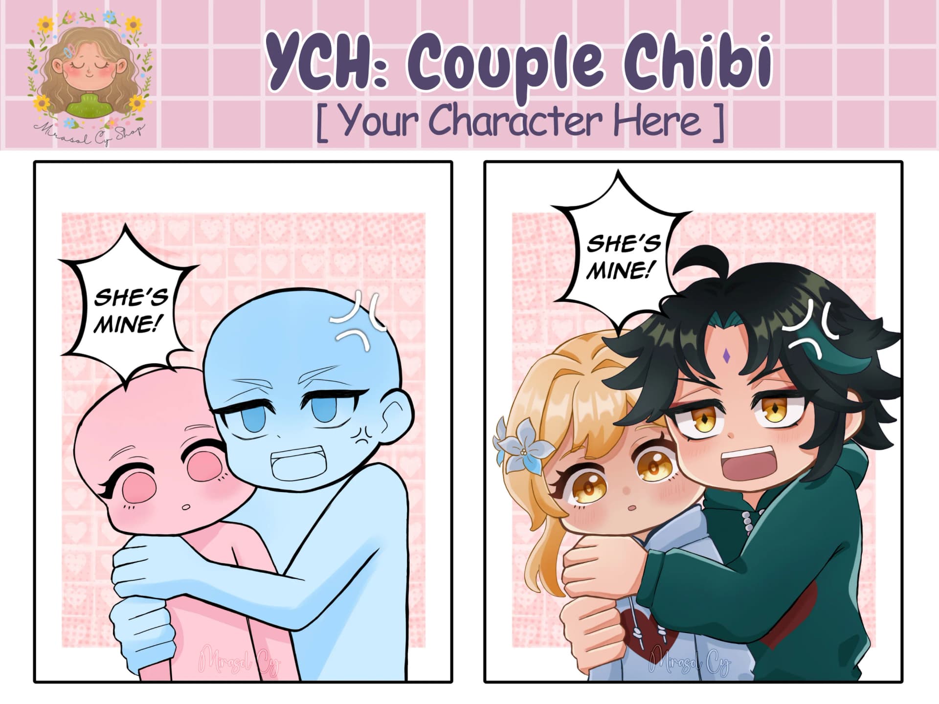 YCH Chibi Couple Commission, Custom Gift Anime Art, OC, Fanart, Furry Kawaii Digital Illustration, OC x Cannon Commission - Image 1