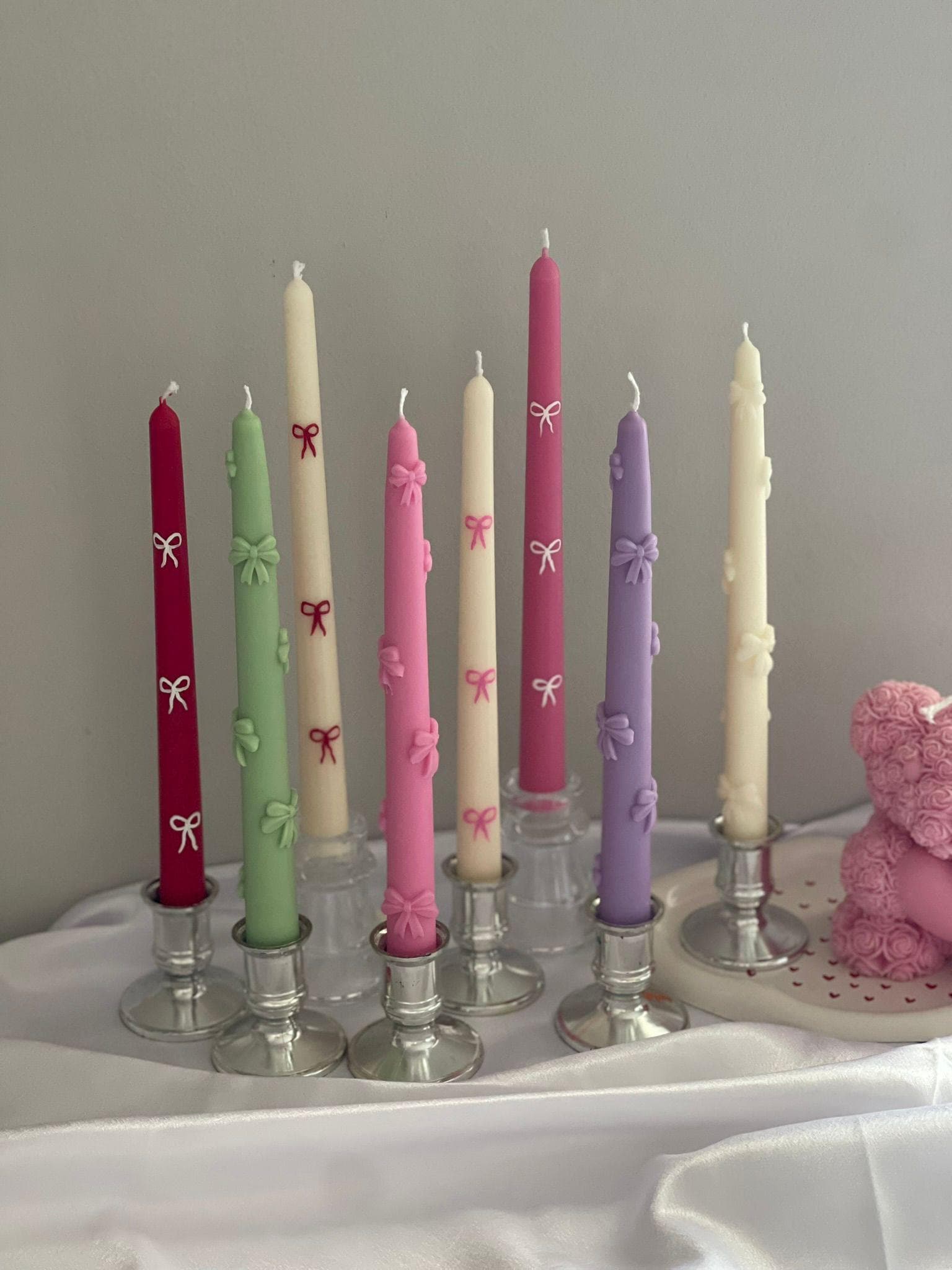 Set Handmade Taper Candles with bow, Hand painted taper candles, Natural Soy and Bees wax Taper Candles - Image 1