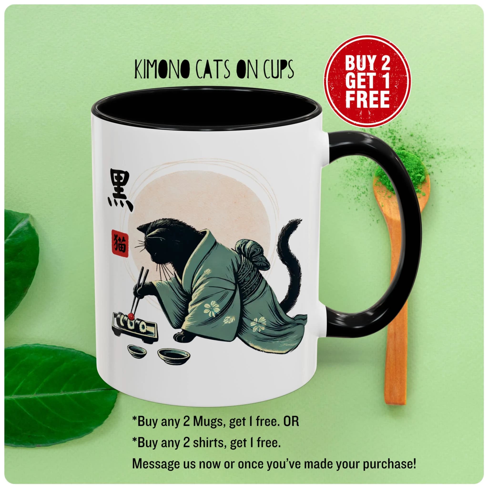 Japanese Black Cat Mug - Kimono Cat Eating Sushi Neko Japan Cup, Kawaii Elegance, 11, 15oz - Buy 2 get 1 FREE - Image 1